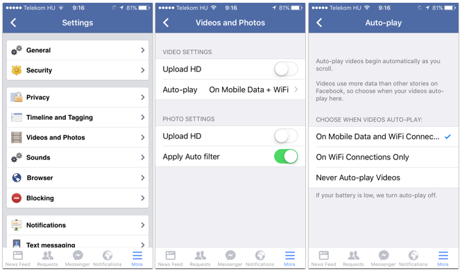A mobil alkalmazásban külön tudjuk szabályozni az autoplay videókat, ráadásul itt az adatkapcsolattól is függővé tehetjük.