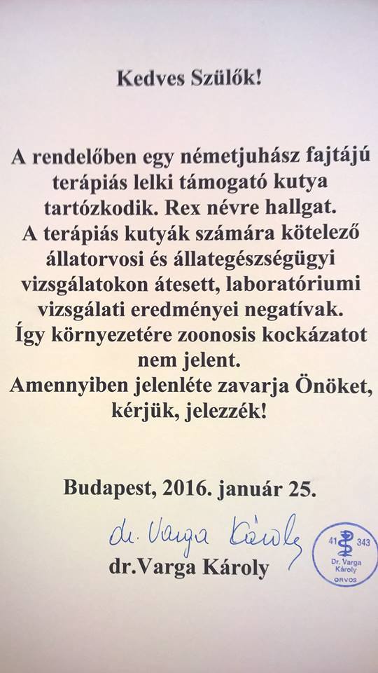 Rex immár engedéllyel tartózkodhat a rendelőben