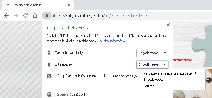 kutyabarathelyek.hu PUSH üzenet beállításai