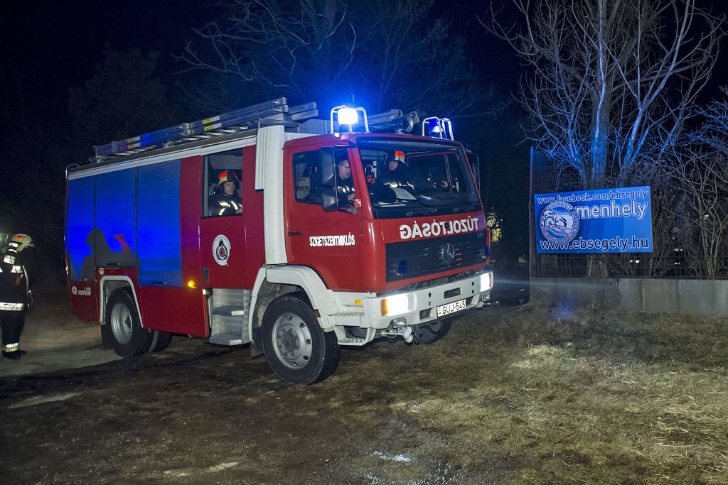 Tűz a menhelyen - tűzoltók a helyszínen